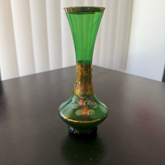 Vintage Emerald Green Glass Vase Gold Rim Hand Painted Flowers Czech Bohemian - Picture 4 of 14